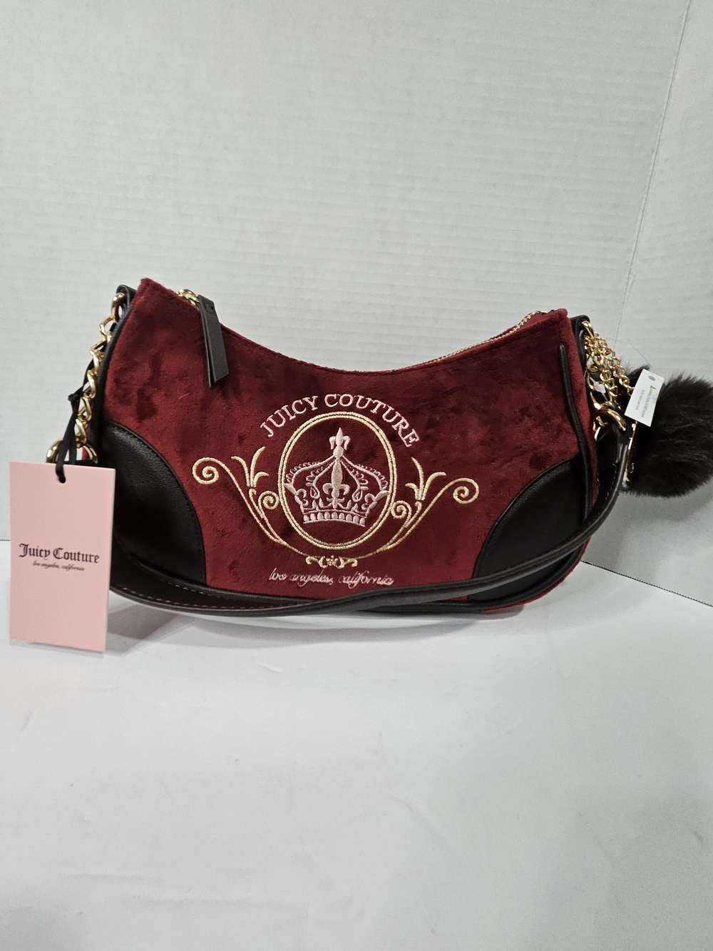 Juicy Couture Burgundy Velvet Crescent Bag with Gold Embroidery